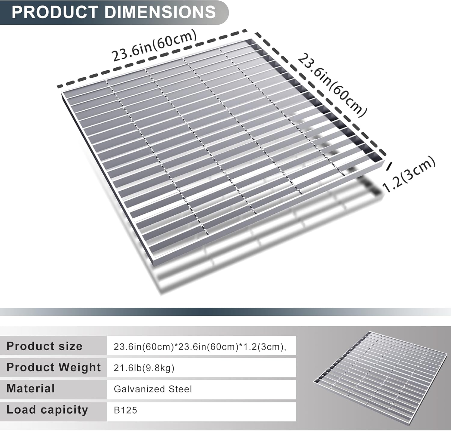 Galvanized Steel Drainage Grate, B125 Class Sewer Grate,Weather-Resistant Outdoor Drain Cover, Heavy Duty Channel Grate Silver Square Drainage Grate for Garage,Sewer,Dowmspout,Yard. (23 * 23IN)