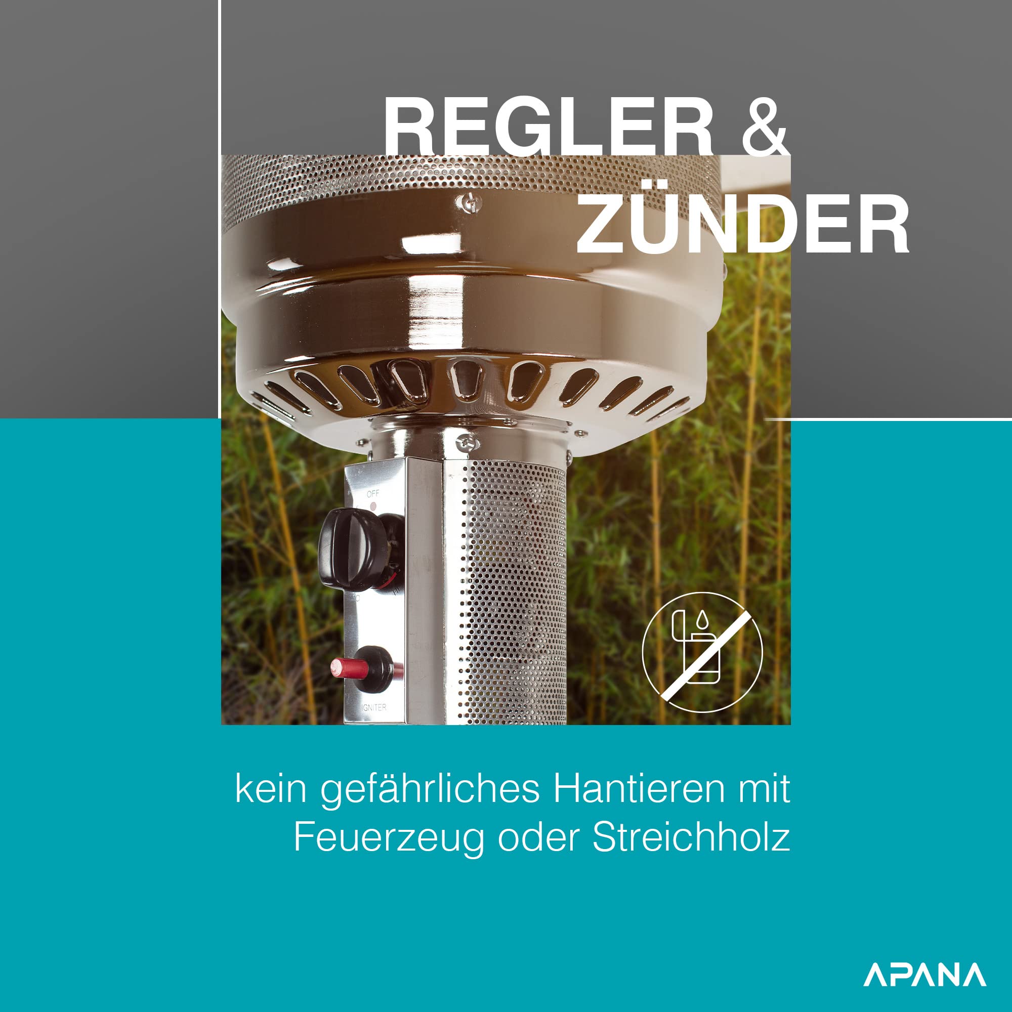 APANA 14 kW Gas Heizpilz Bellamente ONE – Terrassenheizer mit Abschaltautomatik, Umkippsicherung, Gasheizstrahler für außen, Schwarz, Outdoor Heizstrahler, Transportrollen Balkon Garten