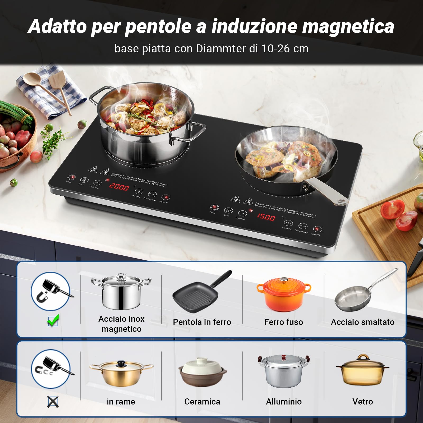 AMZCHEF Piastra Induzione 2 Fuochi Con IGBT Importato, 20 Livelli di Temperatura, 20 e 15 Livelli di Potenza, 3500W Piano Cottura Con Timer di 4 Ore, Blocco di Sicurezza
