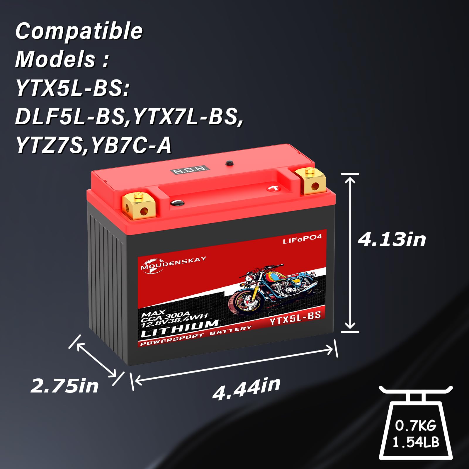 Akumulator litowy do motocykla, 12 V, akumulator litowy Powersports z BMS i wyświetlaczem 12,8 V, 3 Ah, 230 ~ 250 CCA 38,4 WH YTX5L-BS LiFePO4, akumulator rozruchowy do motocykli, ATV, UTV