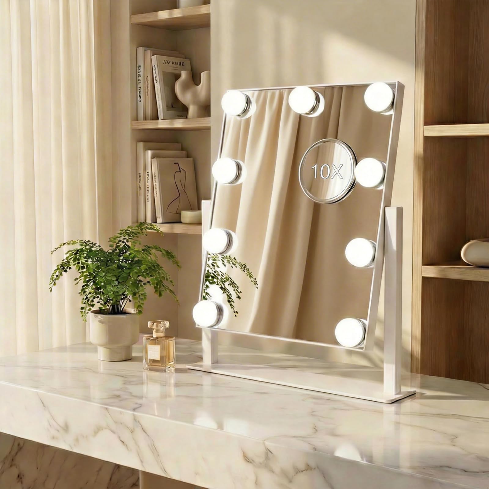 Specchio cosmetico Hollywood con luci, 9 lampadine LED dimmerabili, specchio per il trucco con specchio rimovibile con ingrandimento 10x, ricaricabile da 1200 mAh, luci a 3 colori, regalo per donne