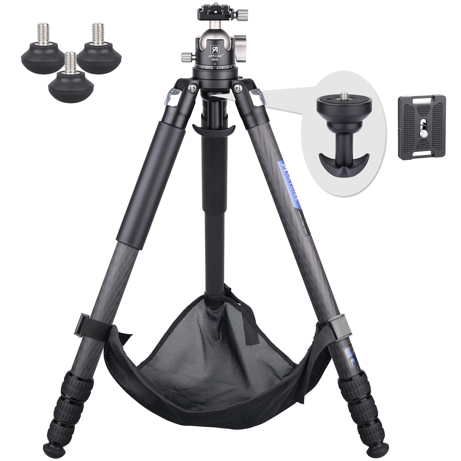Lightweight Carbon Bowl Tripod +46mm Ball Low Profile Tripod Head Kit Fast Level Adjustable Carbon Fiber Travel Camera Tripod with Arca 360° Panoramic