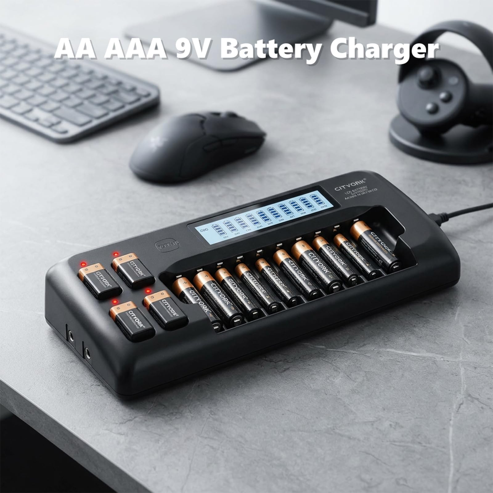 CITYORK Chargeur de batterie universel LCD intelligent 10 + 4 baies pour piles rechargeables AA AAA NIMH/NICD et 9 V NIMH/NICD/Lion rechargeables, charge rapide