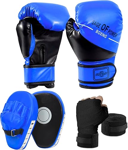 Miniatura 10 de 3-in-1 Boxing Gloves and Punching Mitts Set for Kids, Boxing Mitts Focus Pads with Hand Wraps for Kid, Youth Leather Punching Equipment Gloves Set
