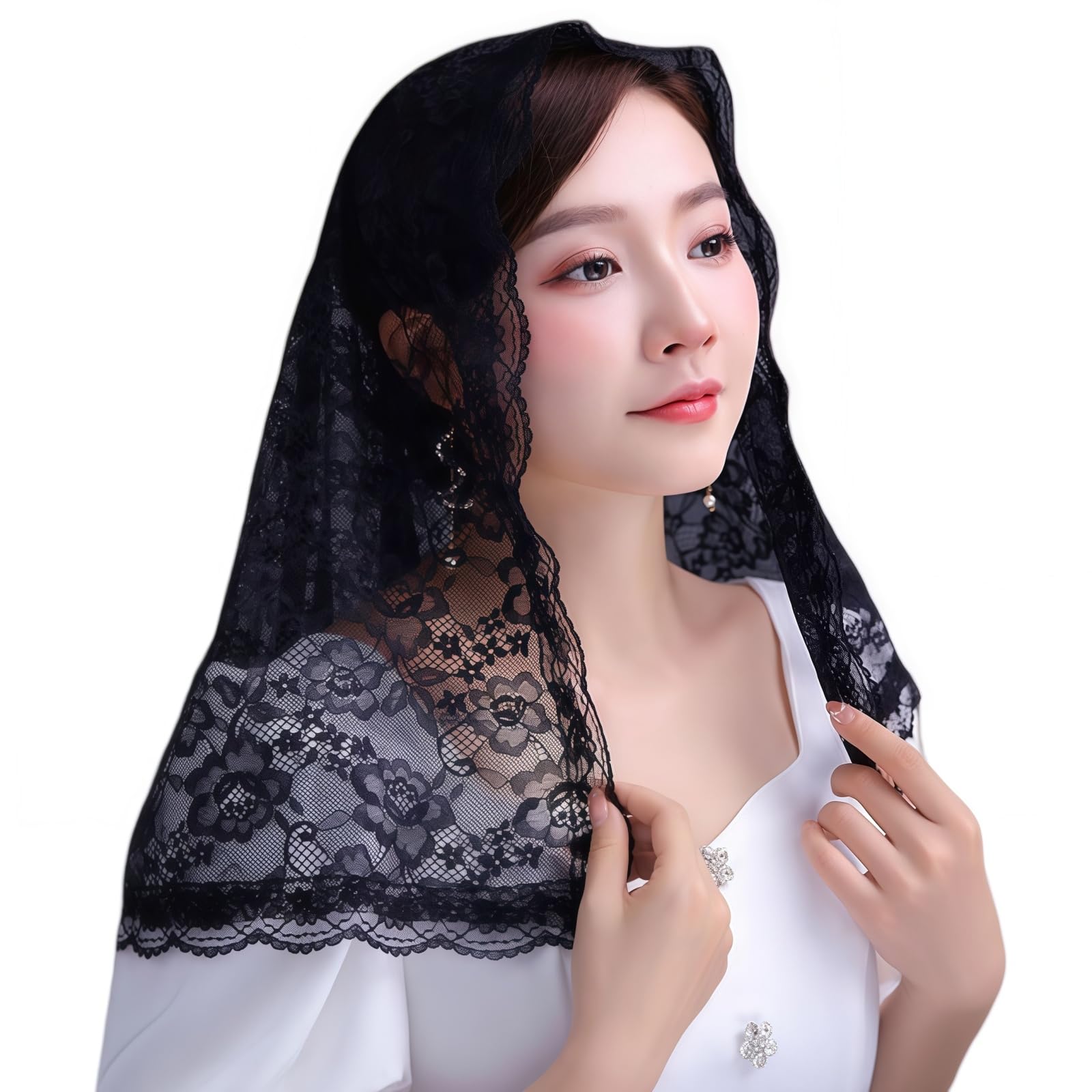 Samheng Women's Black Catholic Mantilla Veil Floral Lace Catholic Veils Church Head Covering For Short Mantilla Veil For Mass Christian Veils For Funeral Wedding Bride