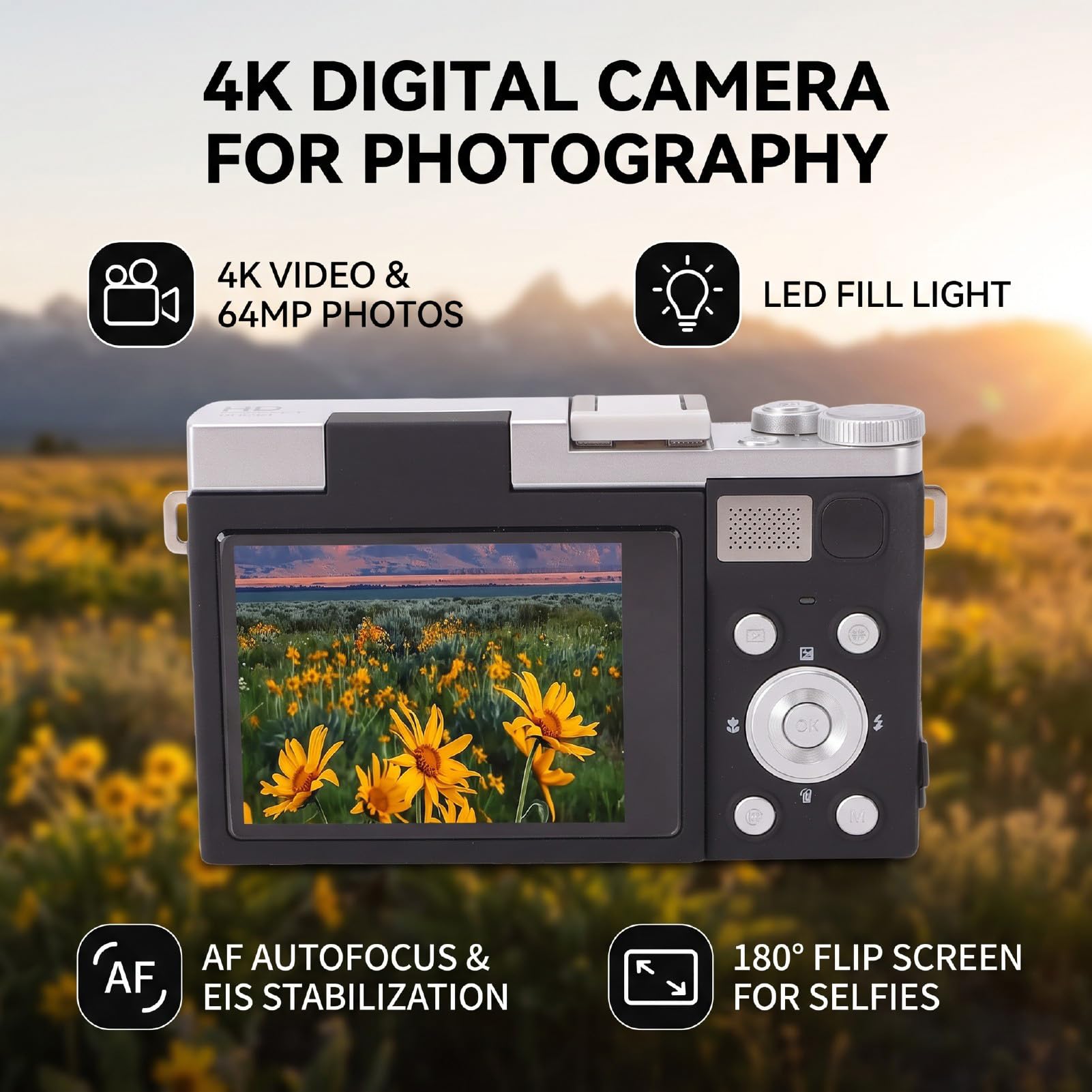 Alomejor Cámara Digital 4K para Fotografía, Pantalla Abatible de 2,8