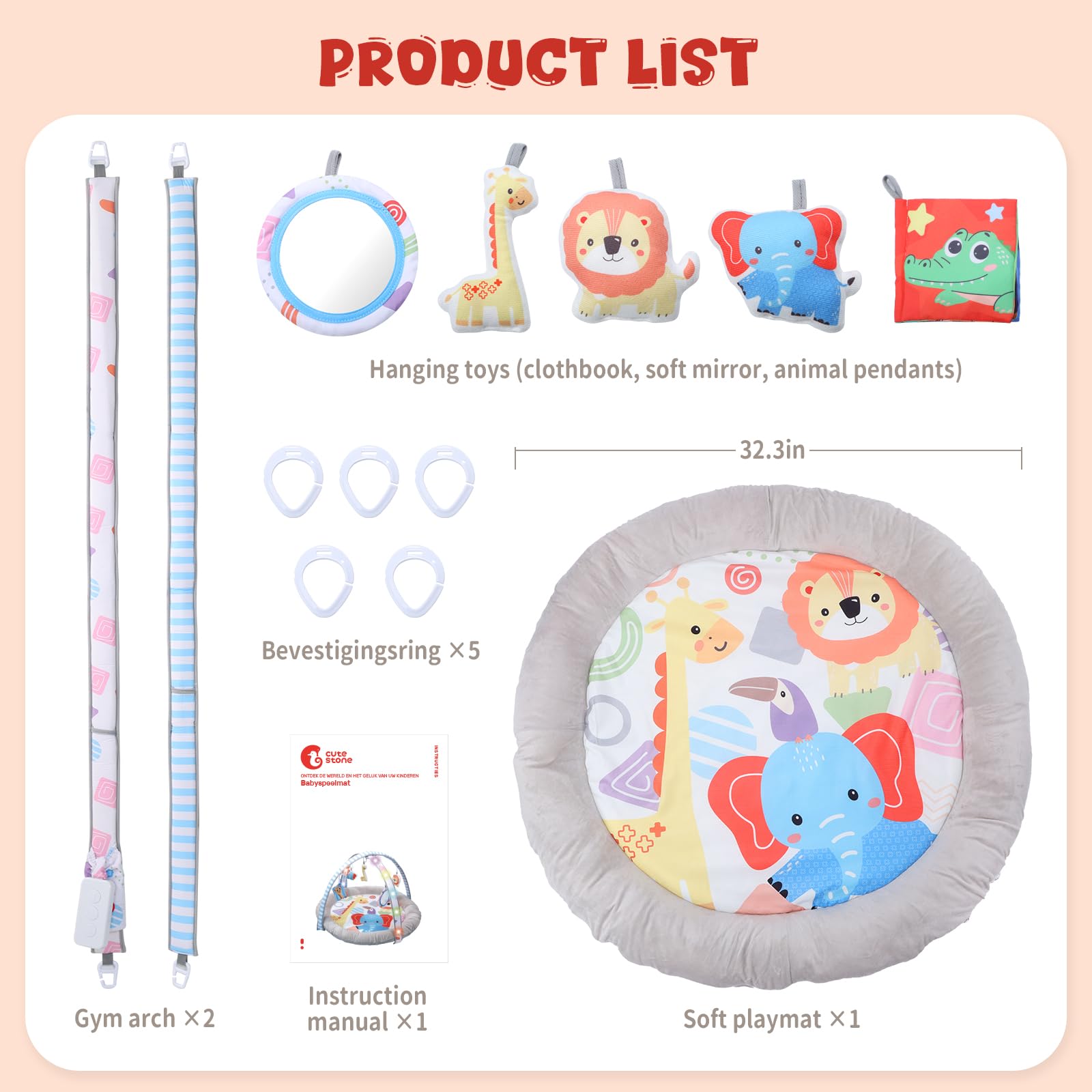 CUTE STONE Alfombra de juegos para bebés con luces, sonidos y juguetes desmontables – Alfombra de actividades para el desarrollo sensorial y motor – Volumen ajustable – Regalo ideal para recién nacido