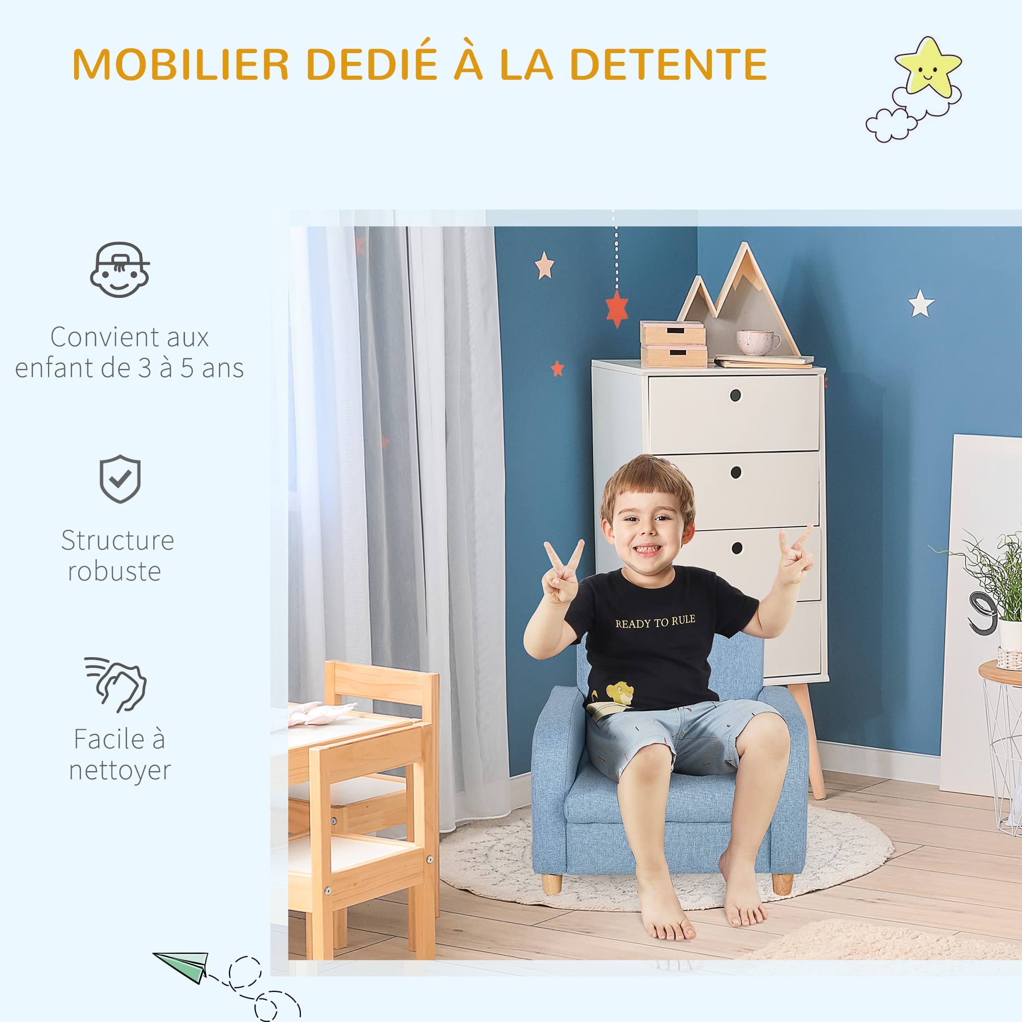 HOMCOM Fauteuil Enfant Design scandinave Grand Confort accoudoirs Assise Dossier garnissage Mousse Haute densité piètement Bois Caoutchouc Lin Bleu