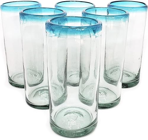 MexHandcraft Aqua Blue Rim - Juego de 6 vasos de té helado de 20 onzas de alto, cristalería mexicana hecha a mano, vidrio reciclado, sin plomo ni