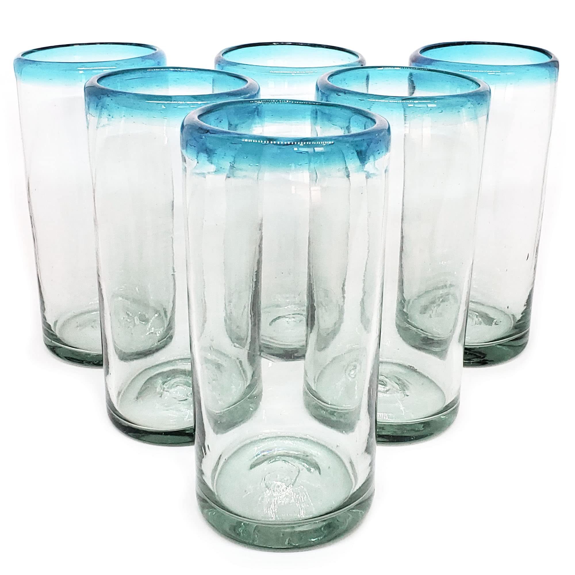 MexHandcraft Aqua Blue Rim 20 oz Tall Iced Tea Glasses (set of 6) Mexican Handmade Glassware, Recycled Glass, Lead-free, Toxin-Free (Tall Iced Tea)