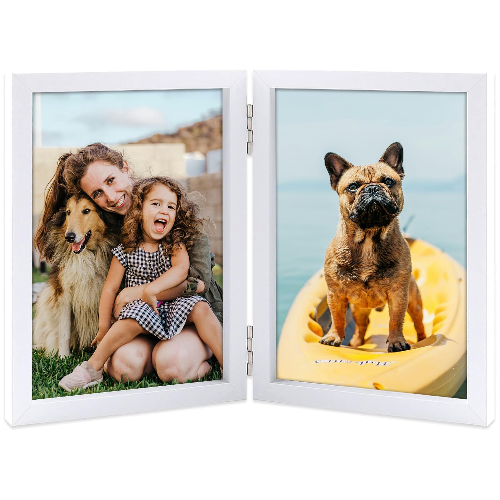 THCASITO 5x7 Double Picture Frame Vertical Wooden Hinged Photo Frame 2 Opening Folding Collage with Definition Glass, White