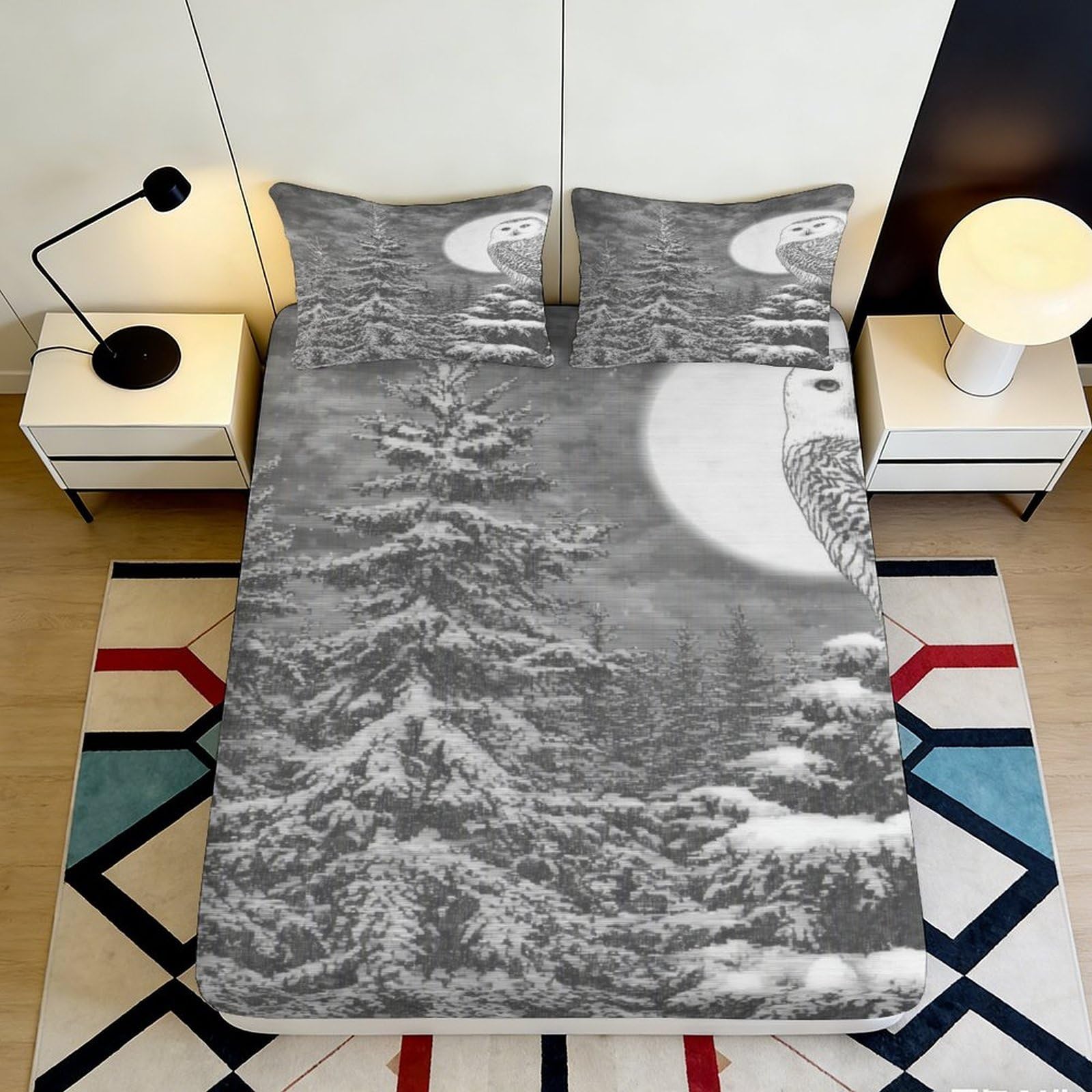3D Printed Snowy Forest Fitted Sheet Microfiber Soft Breathable Moon Owl Bed Cover for Bedroom Dorm Mattress Protection Decor 200x200x25cm