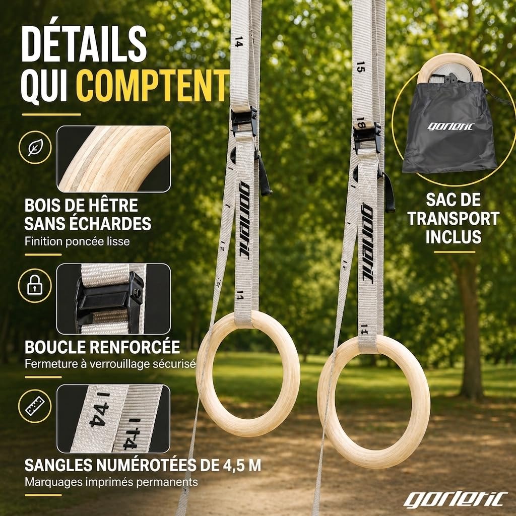 Anneaux de gymnastique, épais en bois 28 mm et 32 mm Sangle renforcée et marquée de 4,5 m