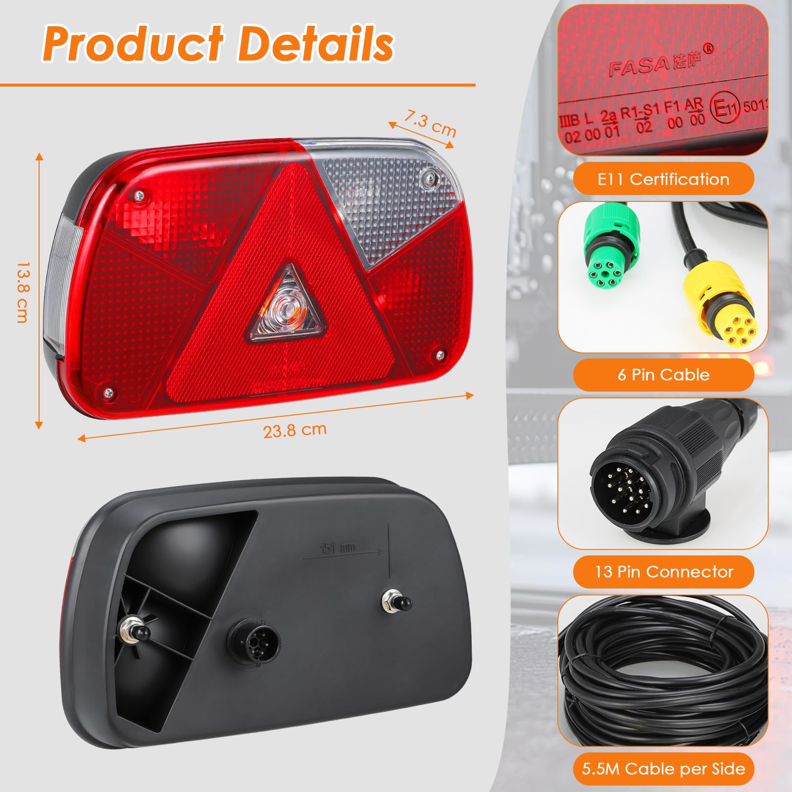 TLGREEN Anhänger Rückleuchten Set Rücklicht Anhänger Beleuchtung 13 polig 12V Anhängerbeleuchtung Rücklichter mit 7 Funktionen 2 * 5.5m Kabelsatz E-Geprüfte für PKW LKW Boot Wohnwagen Transporter