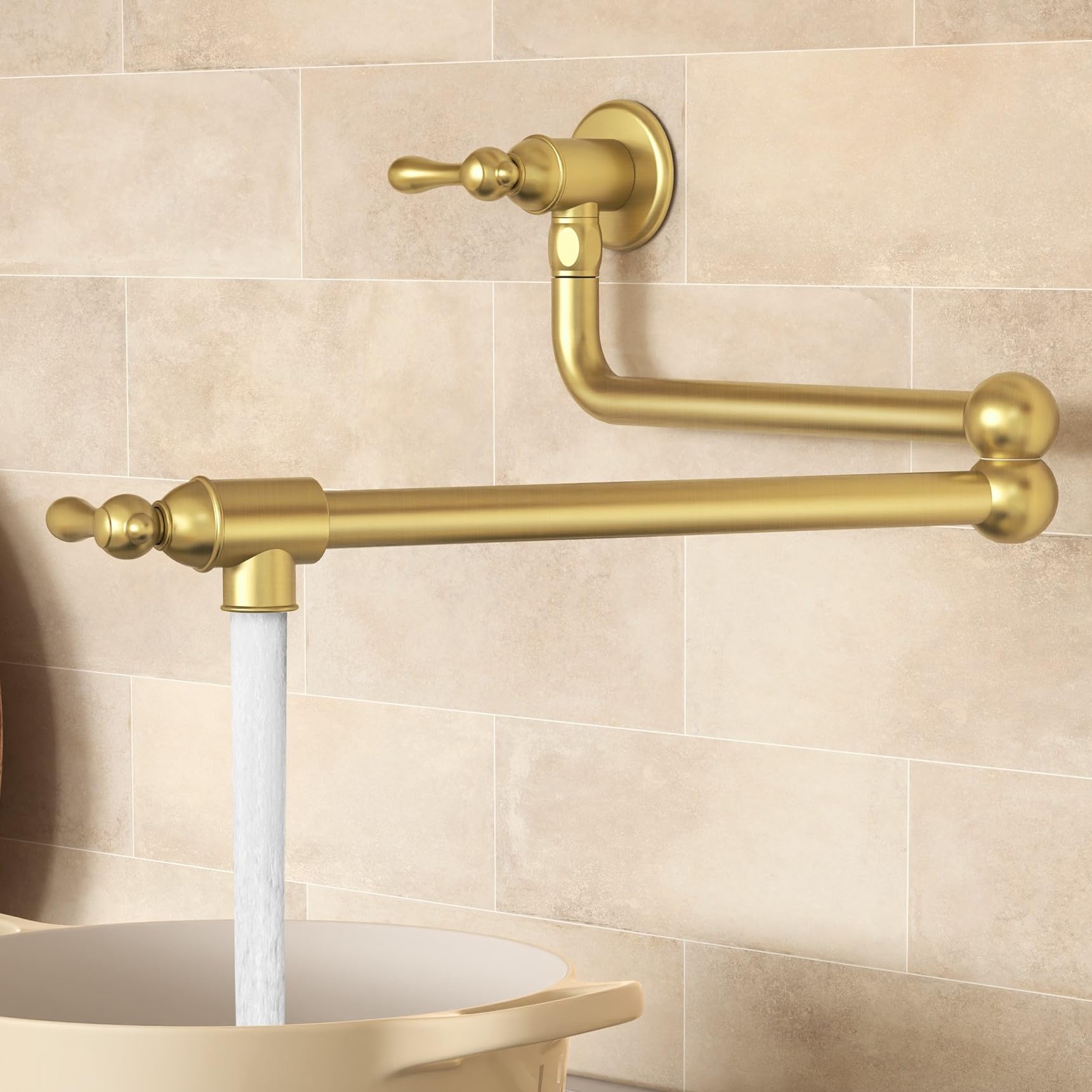 Photo 1 of KES Upside Down Pot Filler Faucet with Heat-Resistant Cartridge, 26'' No Lead Vintage Pot Filler Faucet with Double Joint Swing Arm, Wall Mount, 18/8 Stainless Steel, Brushed Gold, KN928S24LF-BZ