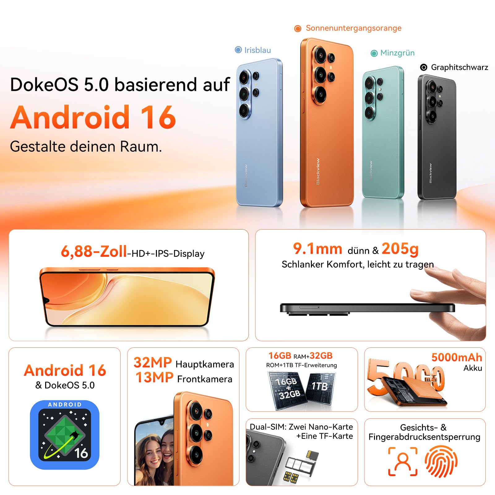 Blackview Wave 10C Smartphone 16GB（4+12）+32GB, Android 16, 6.88" HD+ IPS Display, 5000mAh Battery, 32MP+13MP Camera, WiFi 5 & Bluetooth 5.0, 1TB Expandable Storage - for Daily Use & Multi-Tasking