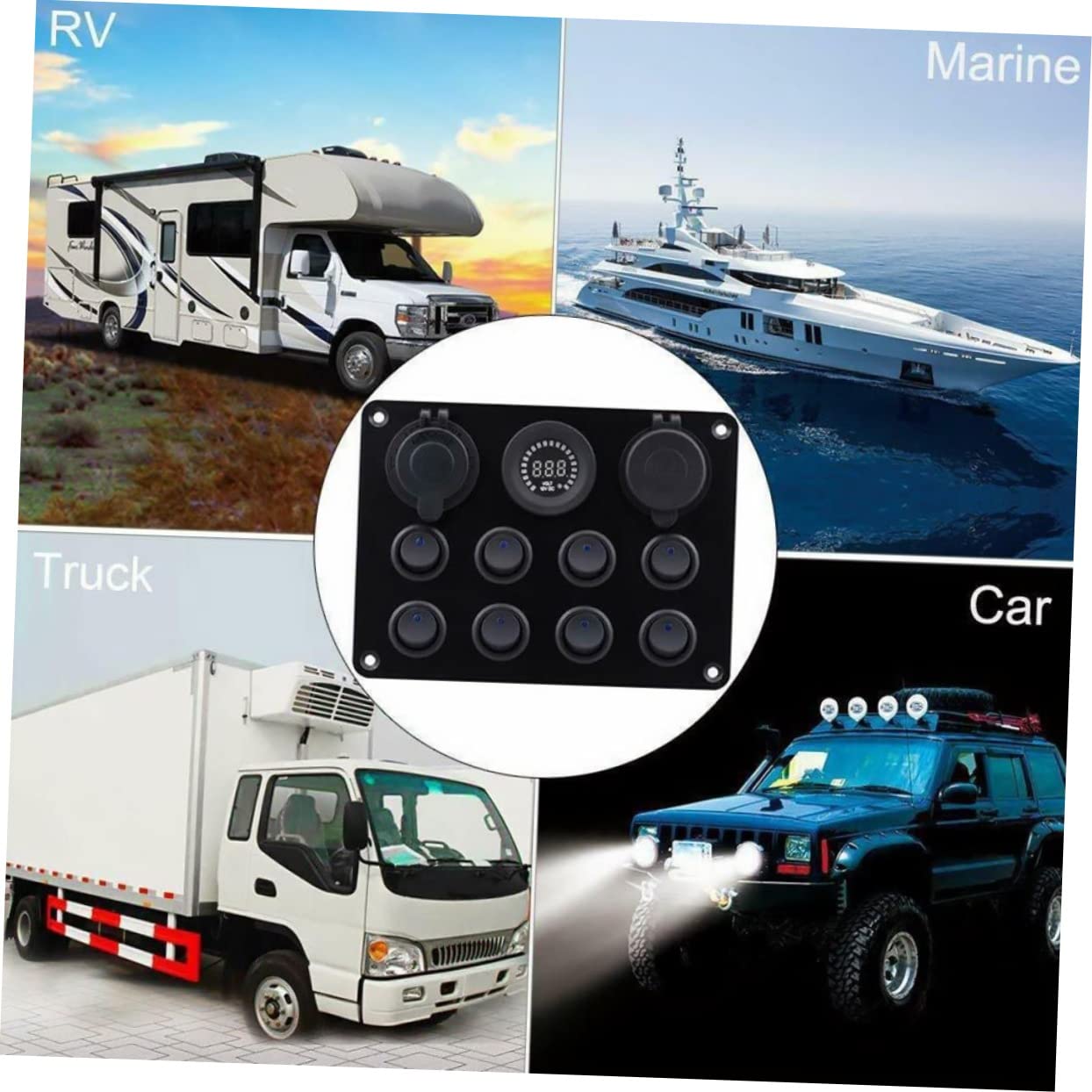 8-fach Kfz Panel mit Zwei USB Steckdosen und Digitalem Voltmeter