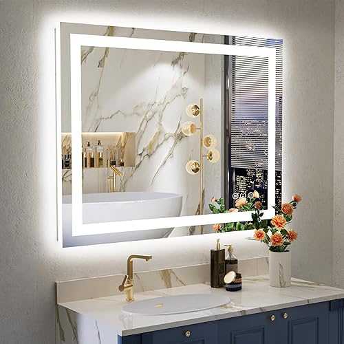 Espejo de baño LED de 28 x 36 pulgadas con luces delanteras y retroiluminadas, espejo de tocador iluminado para pared de baño con 3 colores