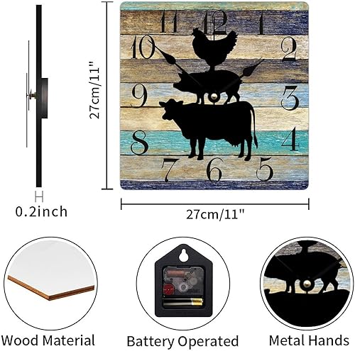 Miniatura 2 de Reloj de pared de madera con diseño de animales de granja, vaca, cerdo y pollo, reloj de pared cuadrado silencioso, estilo rústico, decorativo,