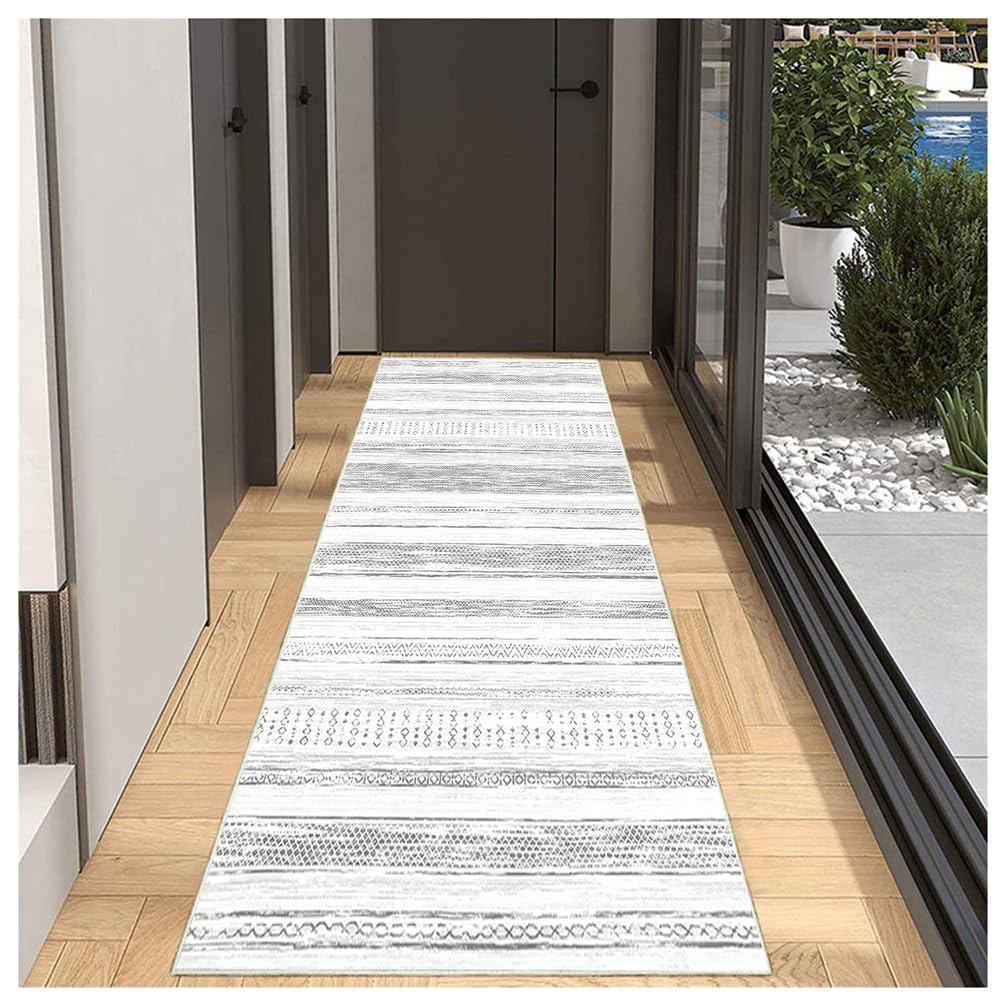Tapis de Couloir Long Lavable 80x300 cm, Tapis d'Entrée Intérieur Antidérapant à Motifs Marocains, Tapis de Sol Doux pour Salle de Bain, Cuisine, Passage, Buanderie, Couleur Gris Clair