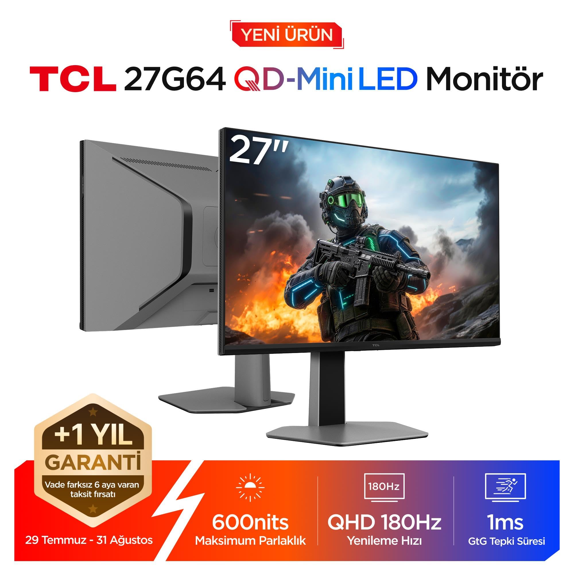 TCL 27G64 Gaming Monitörü 27" 1ms 180Hz QHD 2K QD-Mini LED…