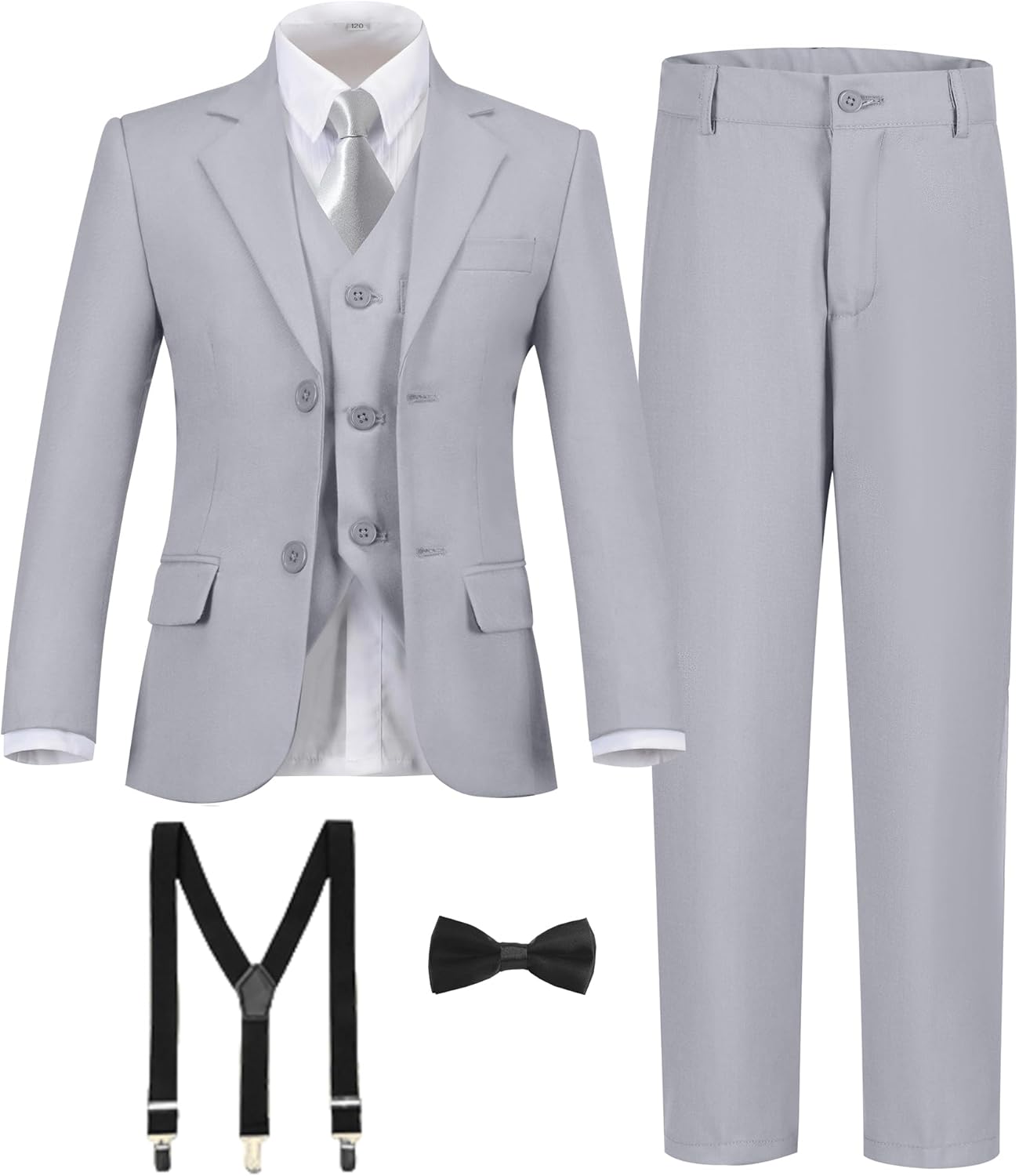 Boy's Formal Suit 7 Piece Slim Fit Tuxedo for Kids Teen Boys Jacket Vest and Pants Set for Wedding with Bow Tie Suspenders