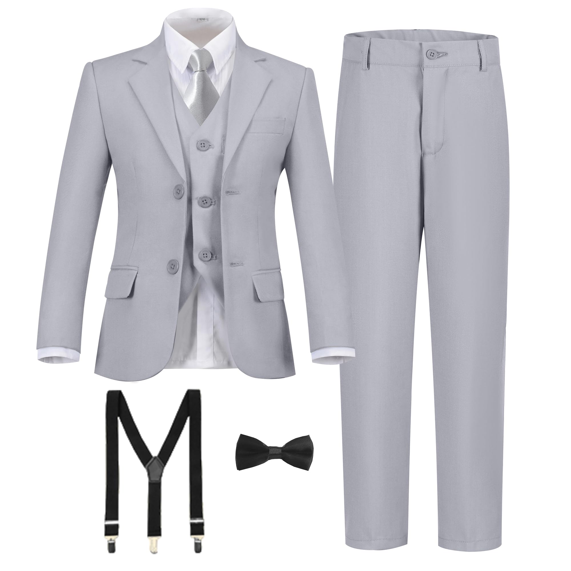 Boy's Formal Suit 7 Piece Slim Fit Tuxedo for Kids Teen Boys Jacket Vest and Pants Set for Wedding with Bow Tie Suspenders