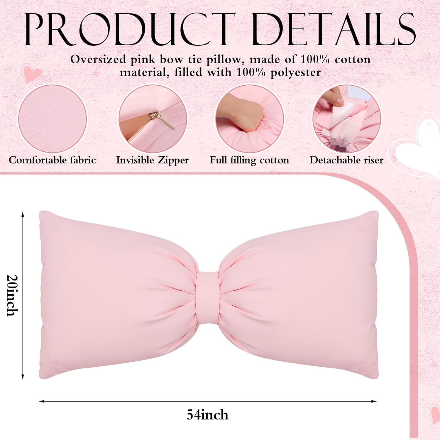 Pink Long Bow Pillow 12 x 30 Inch 100% Cotton Oversized Pillow Coquette Big Bow Shaped Cushion Aesthetic Room Decor Cushion for Bed Sofa Couch Holiday Car Coquette Decor