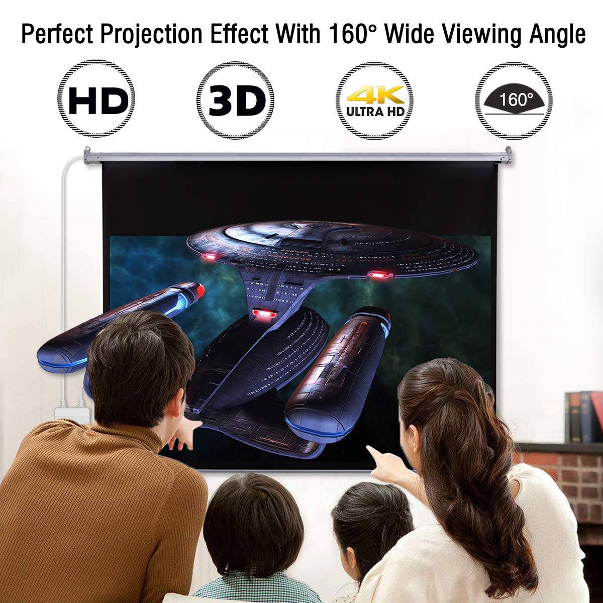 Family watching a movie on the ExquizOn projector screen, highlighting 160-degree wide viewing angle and support for HD, 3D, 4K Ultra HD