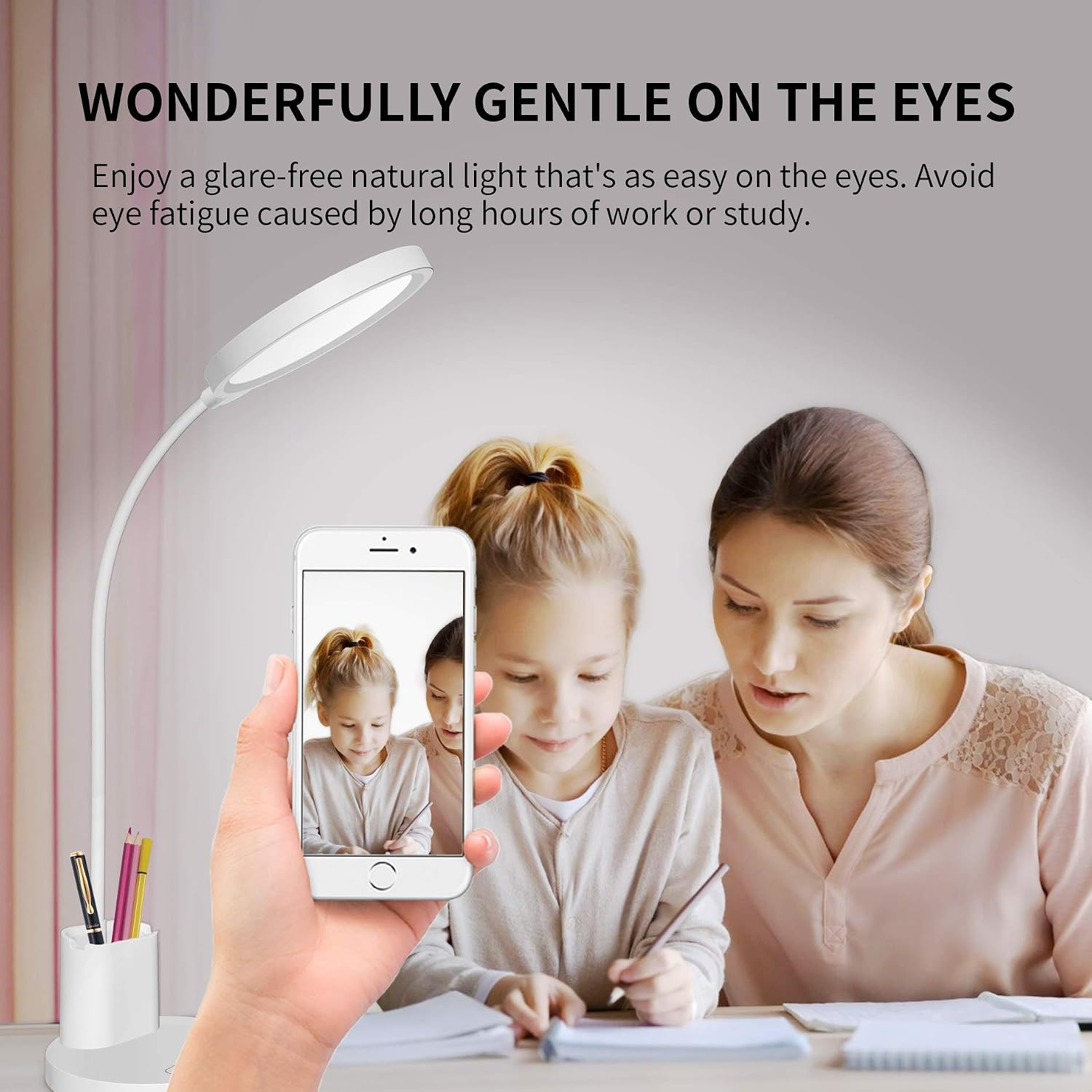 Rechargeable Desk Lamp, LED USB Dimmable Study Table Lamp with Pen Holder, Winshine Gooseneck Eye Caring Touch Control Battery Operated Reading Lamp for Office, Bedroom, Studio (White)