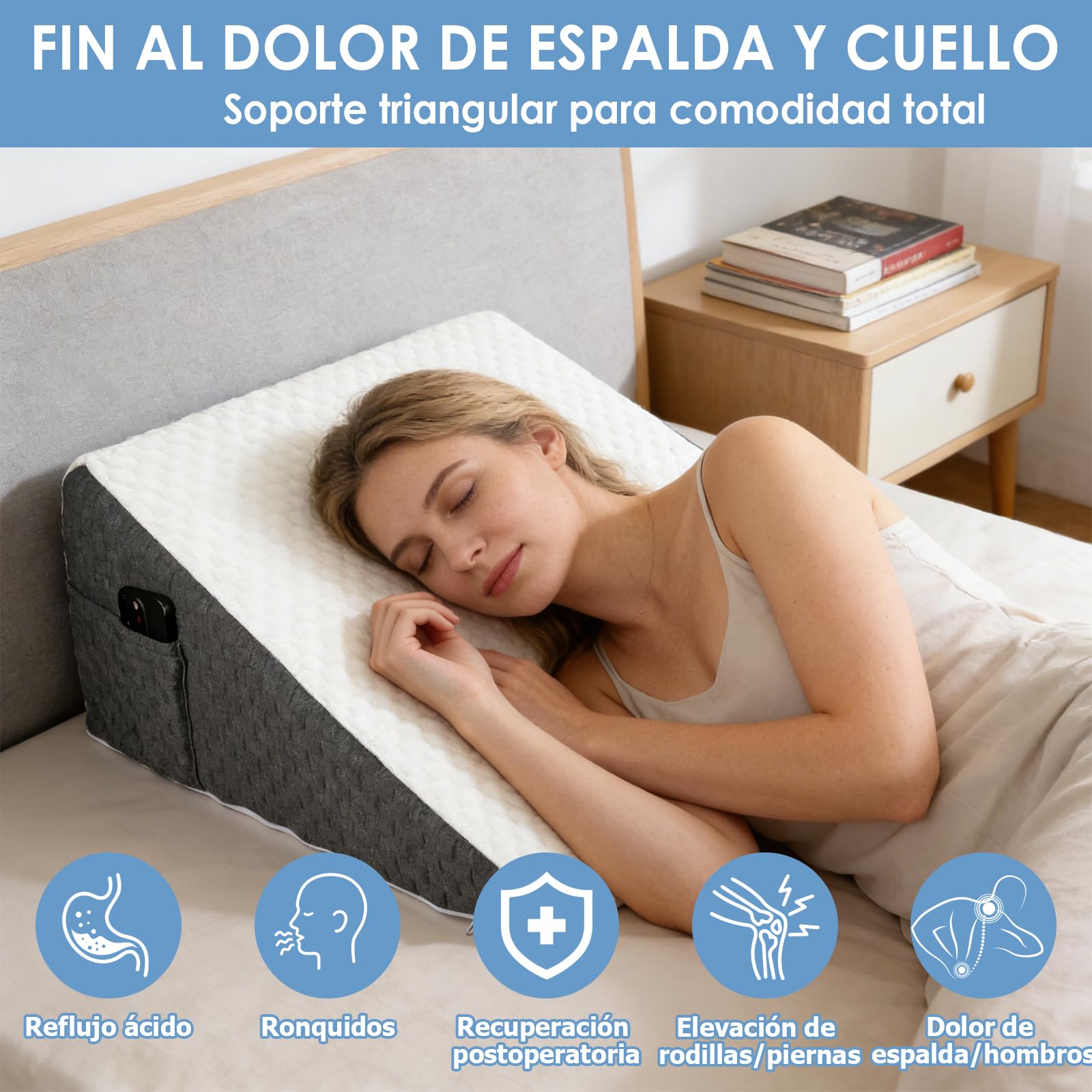 Cuña Antireflujo Adulto, Cojin Lectura Cama, Almohada Cuña, Soporte para La Espalda y Elevador de Piernas con Forma Triangular, para Cama y Sofá