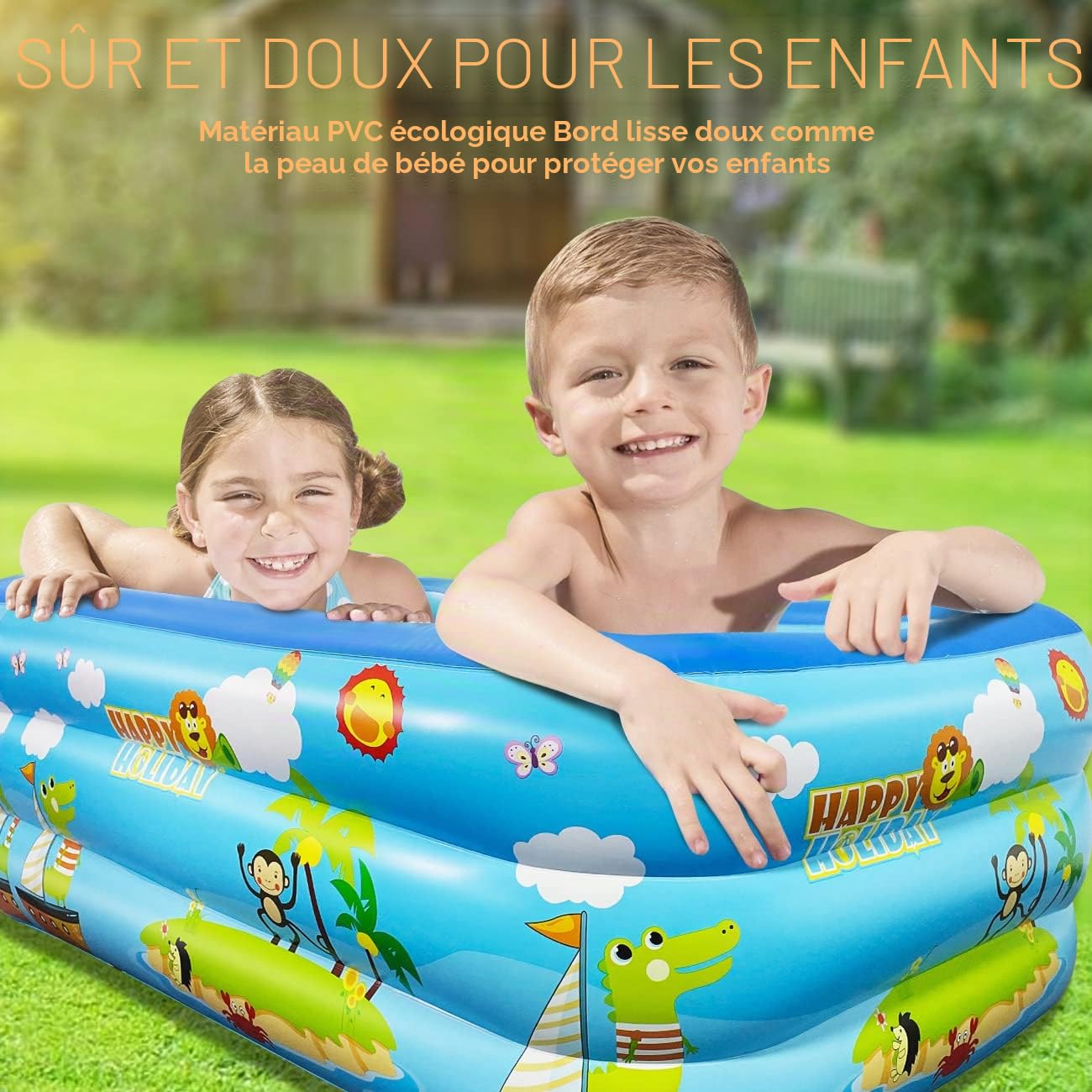 Jiosdo Grande piscine familiale gonflable pour enfants - 150 cm - Rectangulaire - Avec fond souple et gonflable - Pour l'été - Pour le plaisir de l'eau - Bleu