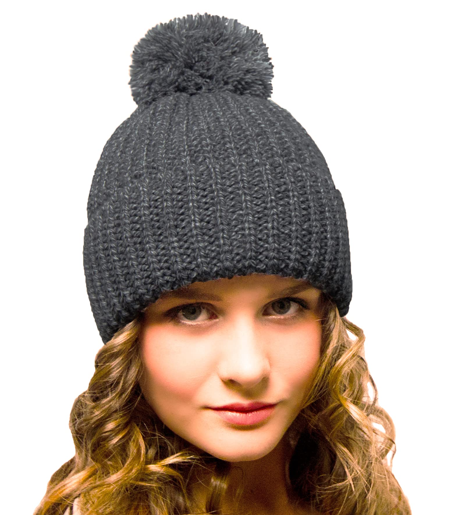 Entire Empire Grey Bobble Hat Women's Beanie - Woolly Hats With Pom Pom - Winter Ladies Knitted Chunky Knit Large Pompom - Golf Running Hat (Grey)