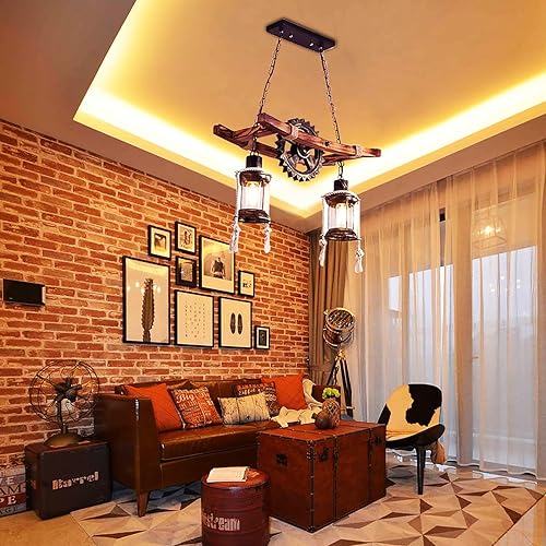 Miniatura 2 de OUKANING Lámpara colgante de madera vintage industrial estilo vintage, lámpara de loft retro, lámpara de suspensión para cafetería, restaurante,