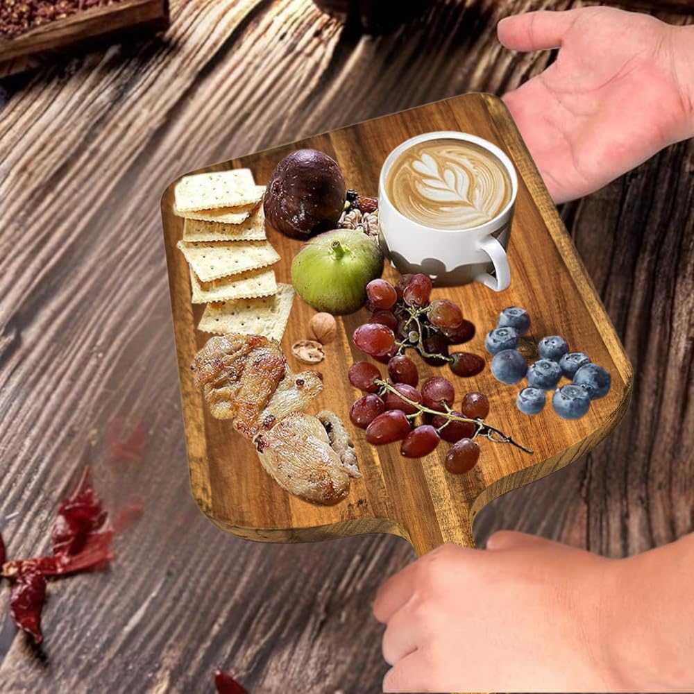 Tabla de Cortar para cocina de Madera Acacia Natural Hecha a Mano con Mango Ergonómico - Duradera y Resistente al Desgaste - Ideal para Carne, Verduras, Pan y Charcutería - Elegante.38x20