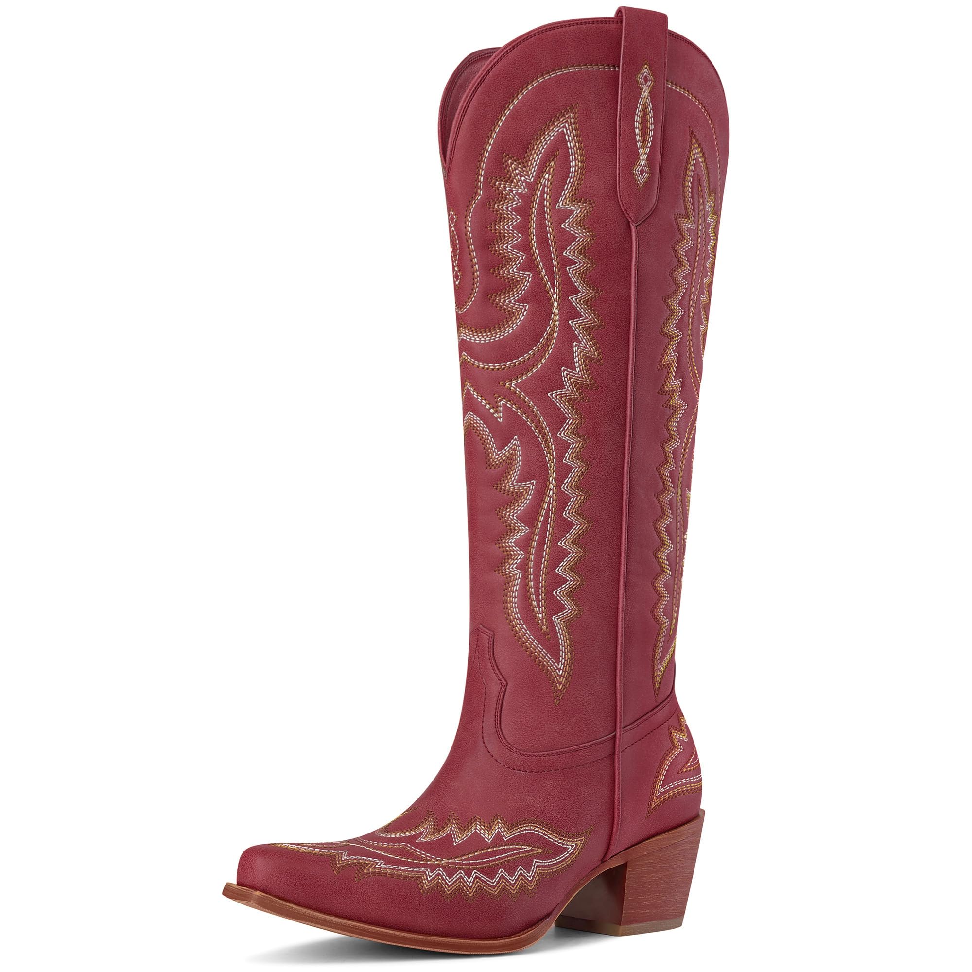 MUCCCUTE Cowboy Boots for Women Cowgirl Boots Western Knee High Pointed Toe with Classic Embroidery Side Zipper Chunky Heel Pull On Retro Country Tall