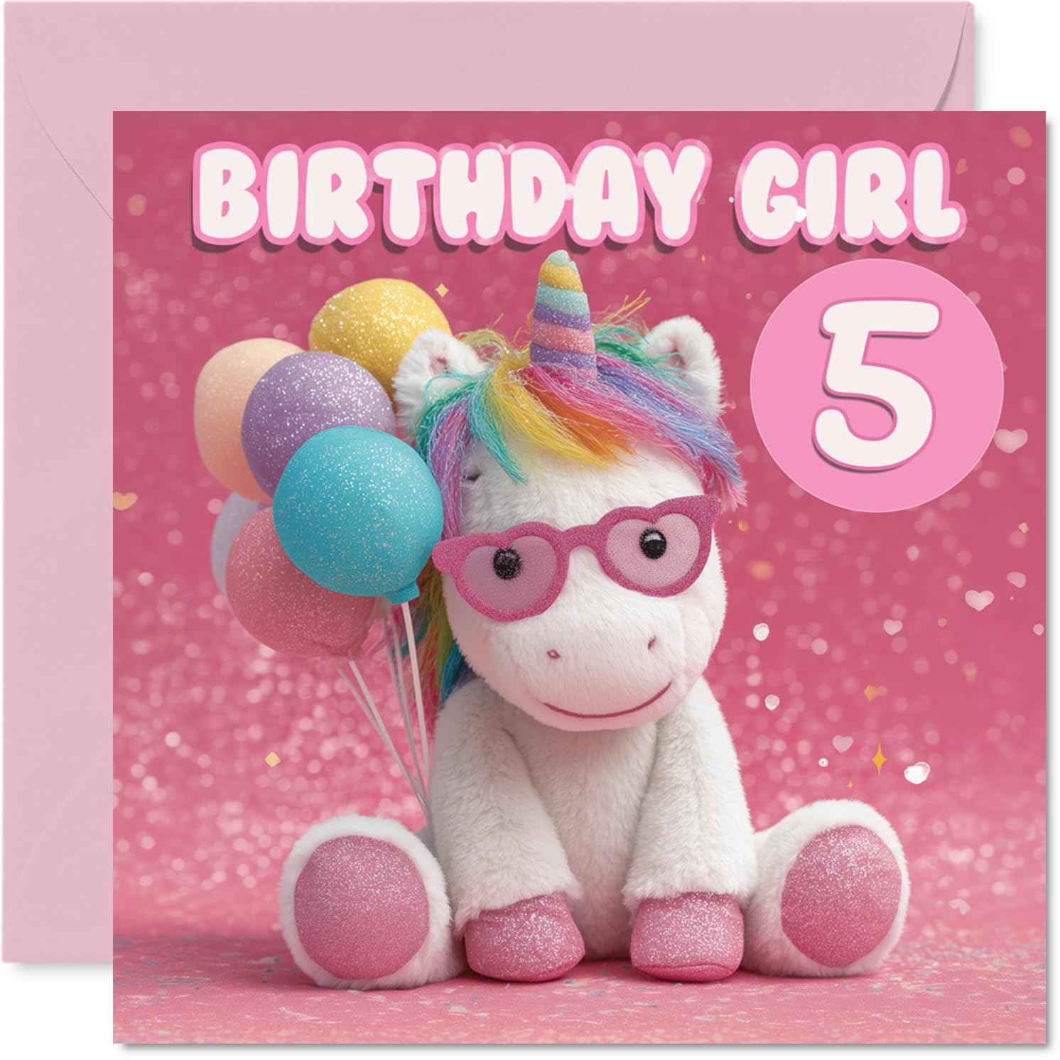 Cute 5th Birthday Card - Magical Unicorn and Balloons Scene - Sparkly Pink and Pastel Design - Bursting with Birthday Cheer - 145mm Square, Envelope Included