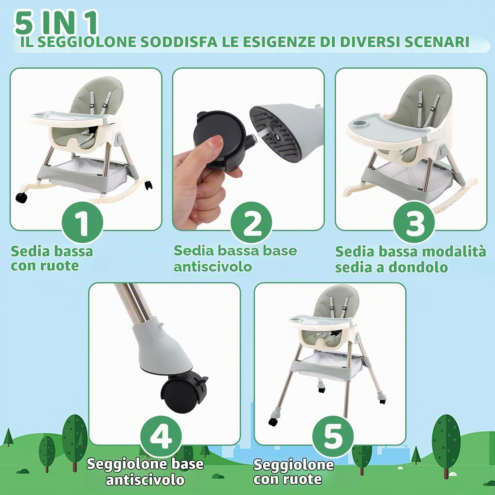 3 in1 Seggiolone Pappa, Seggiolino da Tavolo Pieghevole con tavolo e ruote Seggioline per bambini da 6 Mesi fino a 6 anni, Piatto da Cena Smontabile, Pedale e Schienale Regolabili in Altezza