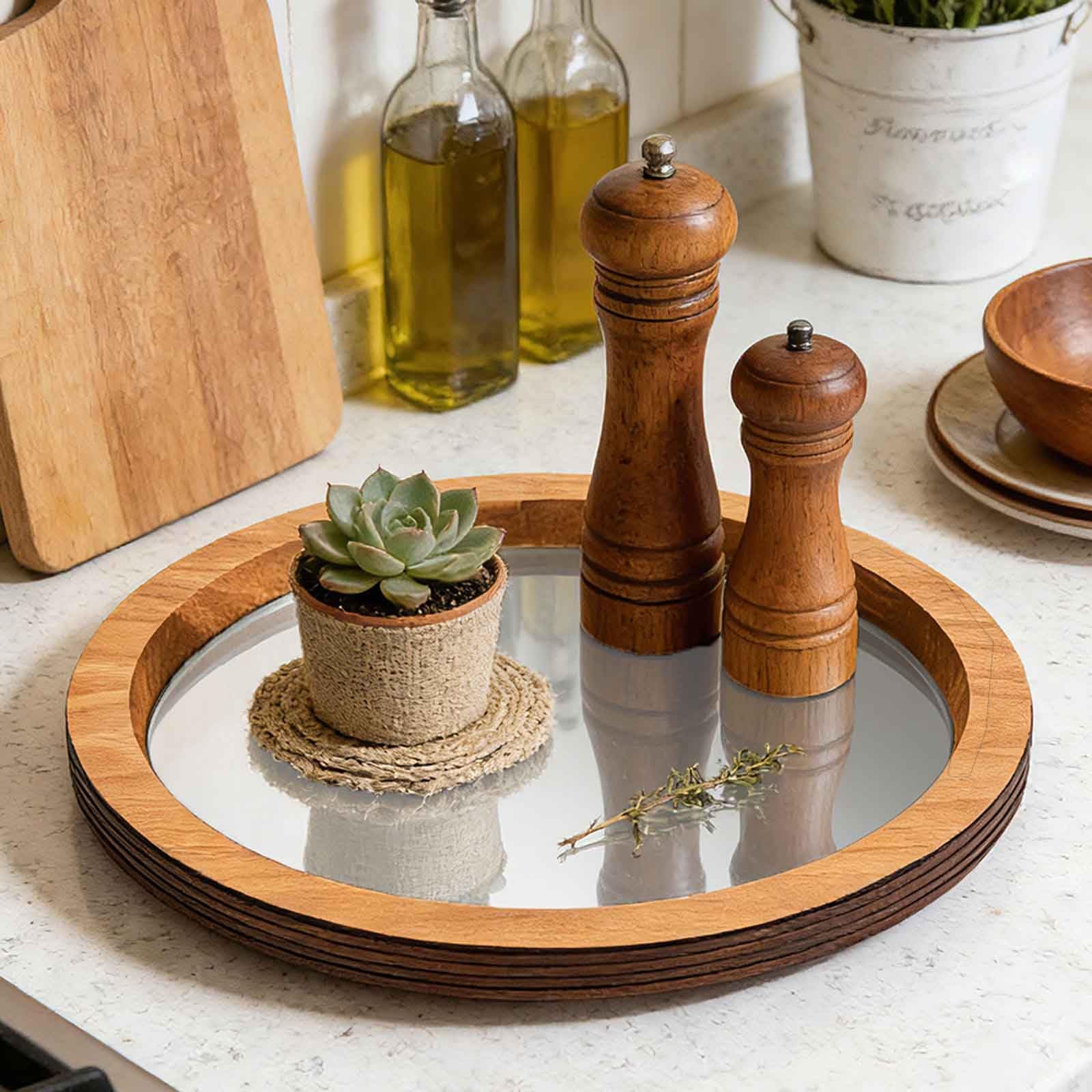 Adfltfc D Roun Woo Decorative Tray, Rustic Butler Tray Unique Coffee Centerpiece, Mirror Candle Holder Vintage Mirrore Bar Plate For Coffee Table Farmhouse Centerpiece(D)