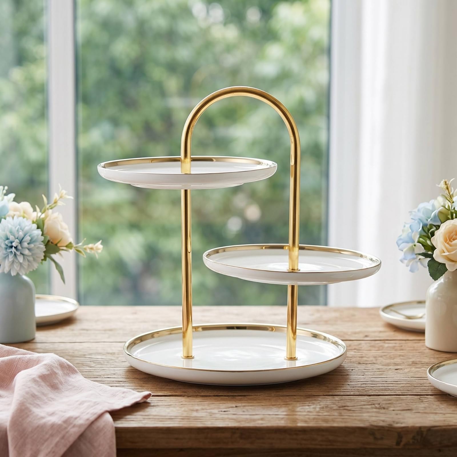 Etagere Dessertständer Kuchenständer, Reinweiß, Dreistöckig, Silberner Ständer