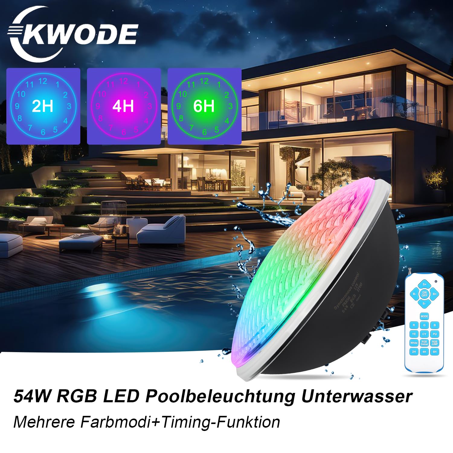 54W LED Poolbeleuchtung PAR56，Timing 2/4/6H IP68 Wasserdichter Pool Lamp, 12V RGB Poolscheinwerfer Externe Synchronisation mit Fernbedienung（2-teilig）