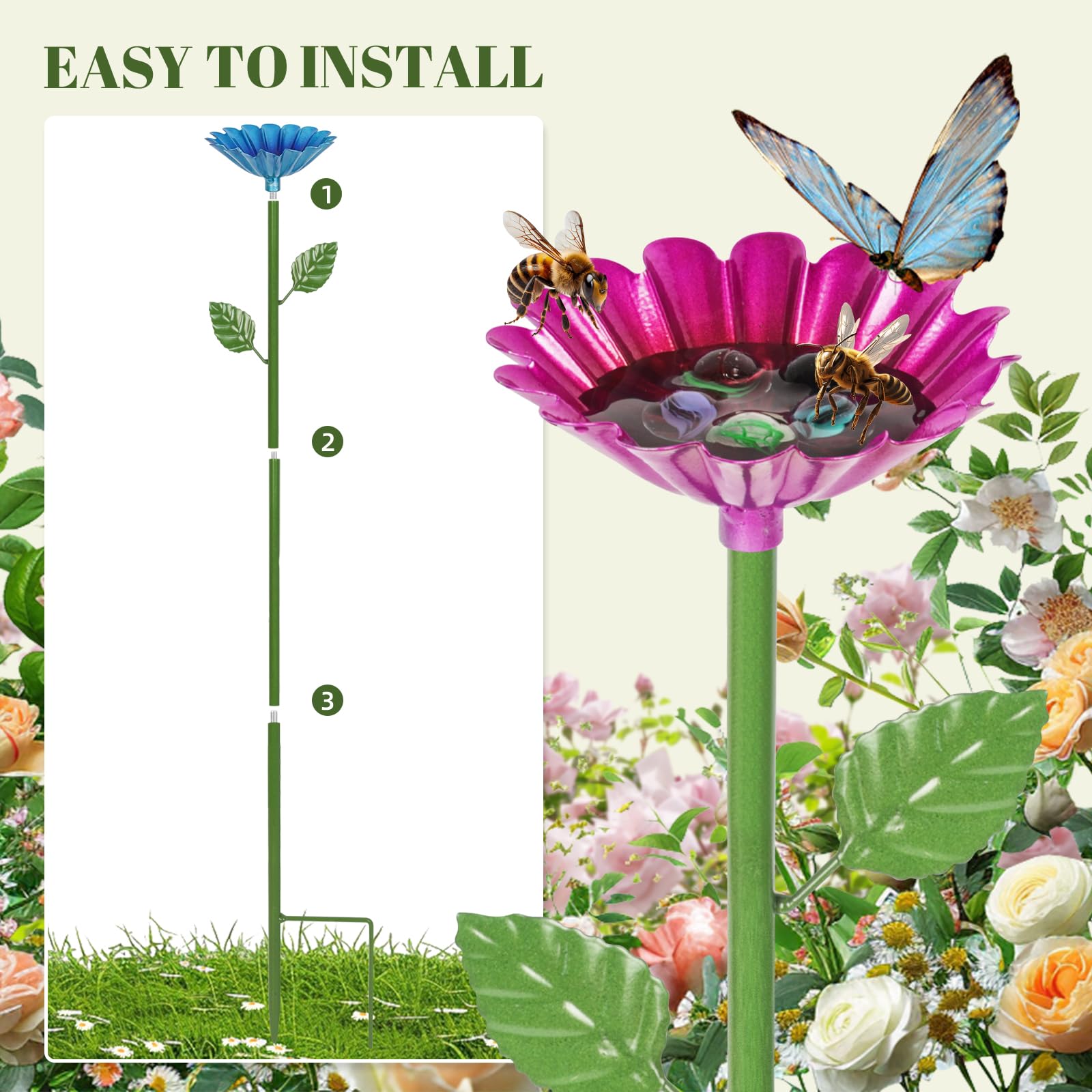 Bienengießstation, 4 Stück Metall Bienenbecher für Garten, Bienenfutterspender für durstige Bestäuber mit 20 Glasmurmeln, Bestäuber Wasserspender für Bienen & Schmetterlinge, Outdoor Garten Hof Dekor