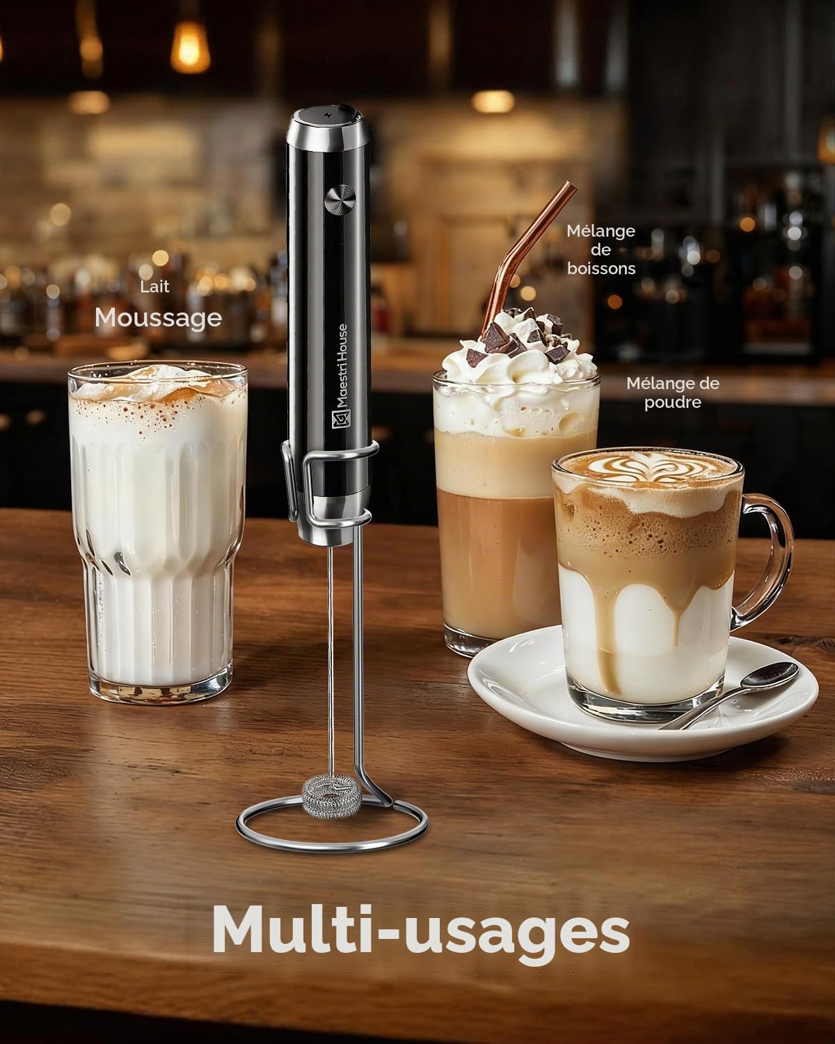 Maestri House Mousseur à Lait Électrique, Rechargeable Mousseur a Lait, Fouet en Acier Inoxydable, étanche Portable Mini Mixeur 2 fouets pour Café, Latte, Cappuccino, Matcha, Lunafro (avec Support)