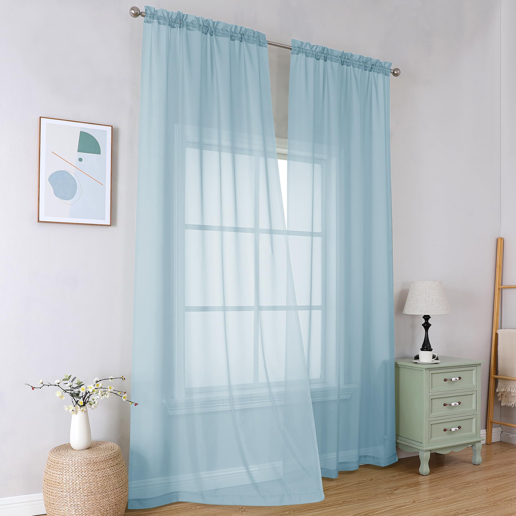 Simplebrand Light Blue Sheer Curtains 96 Inches Long 2 Panels for Bedroom