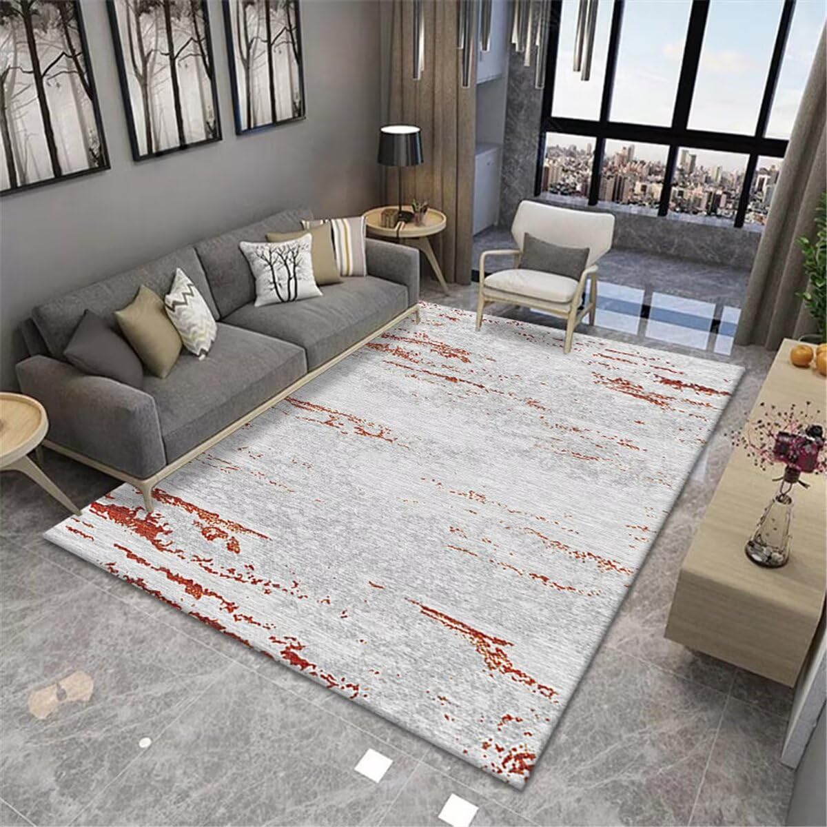 Tapis de chambre de jeu bébé au design gris et rouge moderne pour le salon