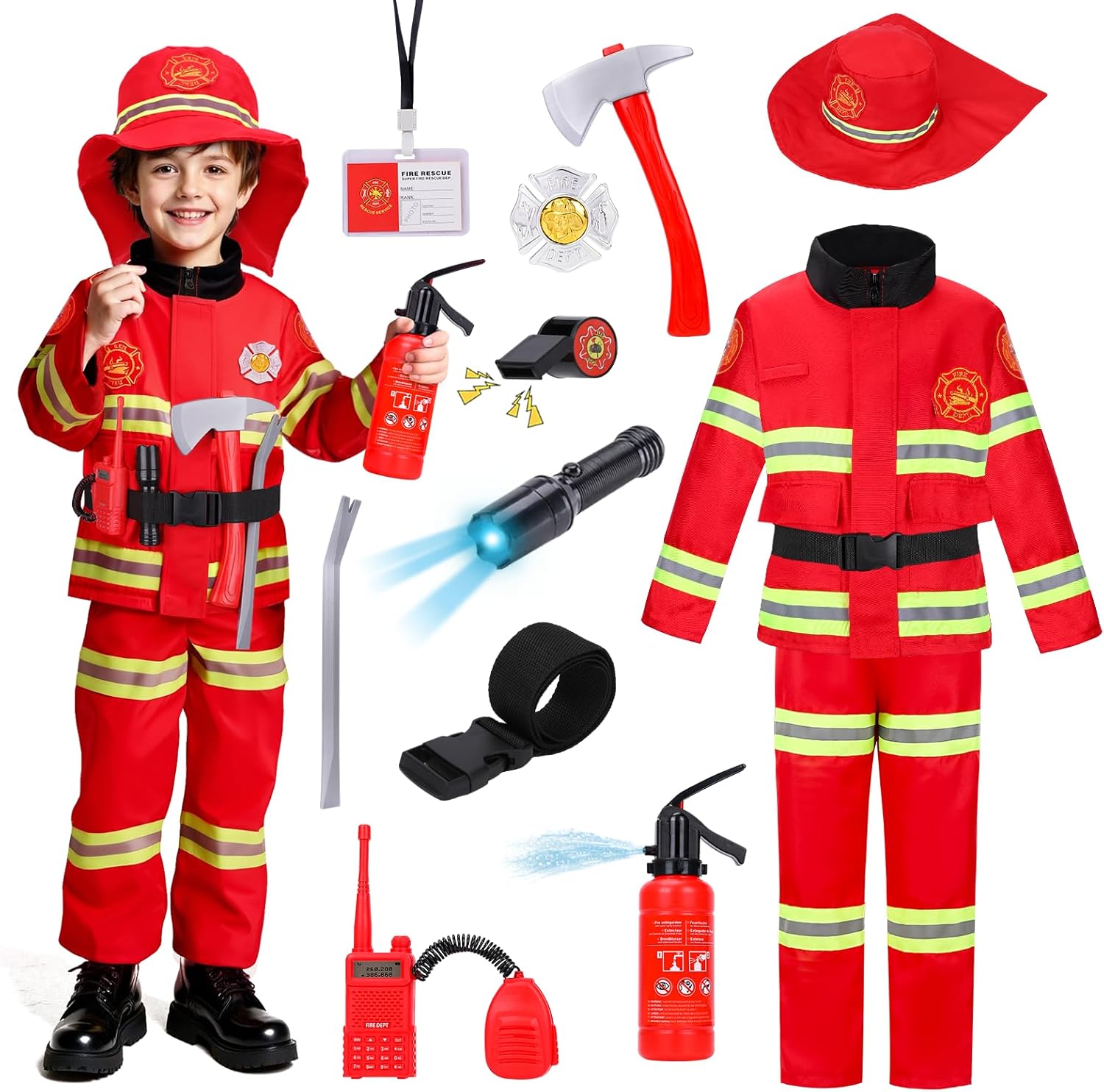 LOYO Firefighter Costume for Kids - Fireman Halloween Costumes for Toddler Boy, Dress Up Clothes for Kids 3-12 Pretend Play