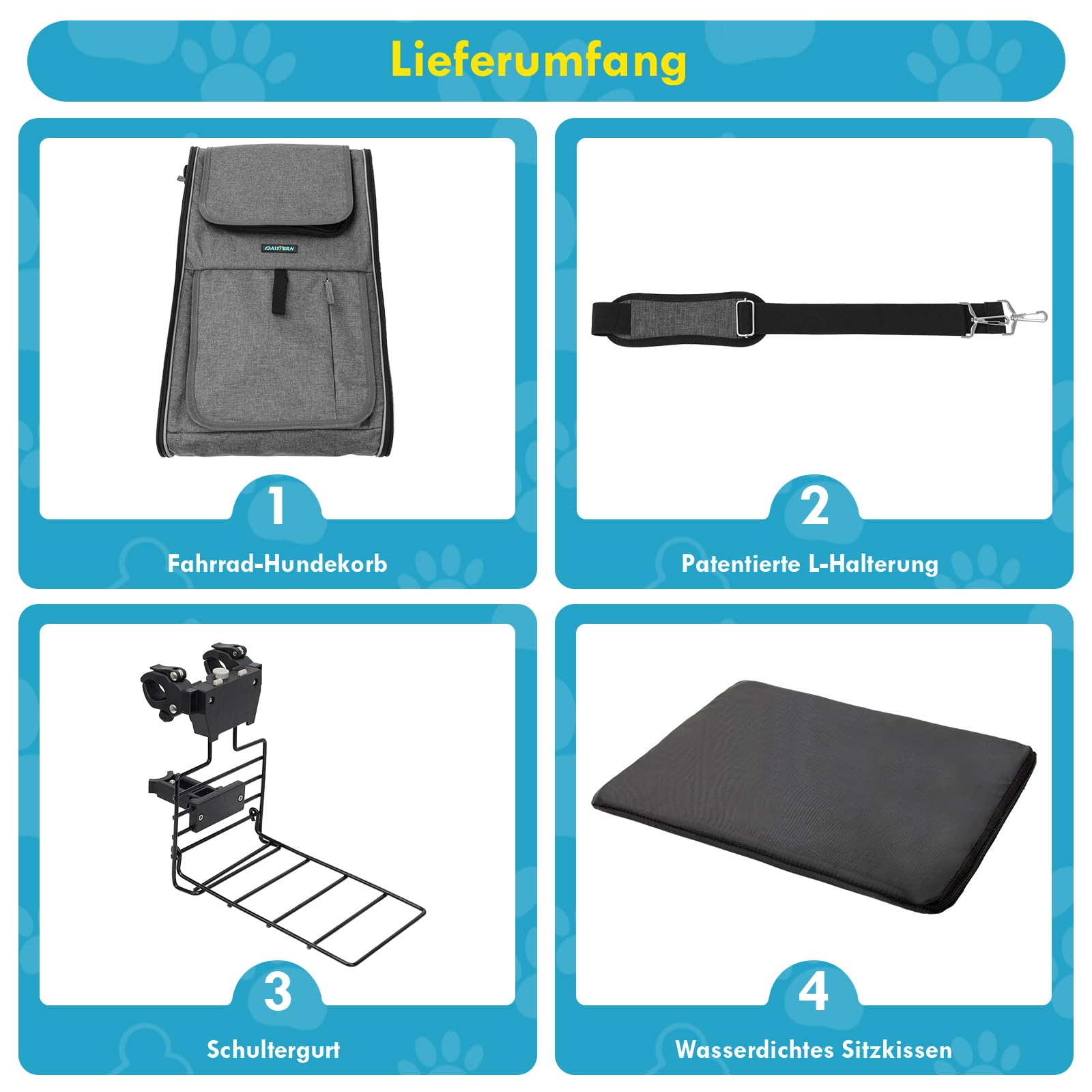Hundekorb Fahrrad Vorne bis 10KG mit L-förmige Halterung Φ8cm, Faltbarer Hundefahrradkorb 4 in 1 Rucksack Schultertasche Autositz, Bequemes Kissen, Netzfenster-Design, Reflektorstreifen