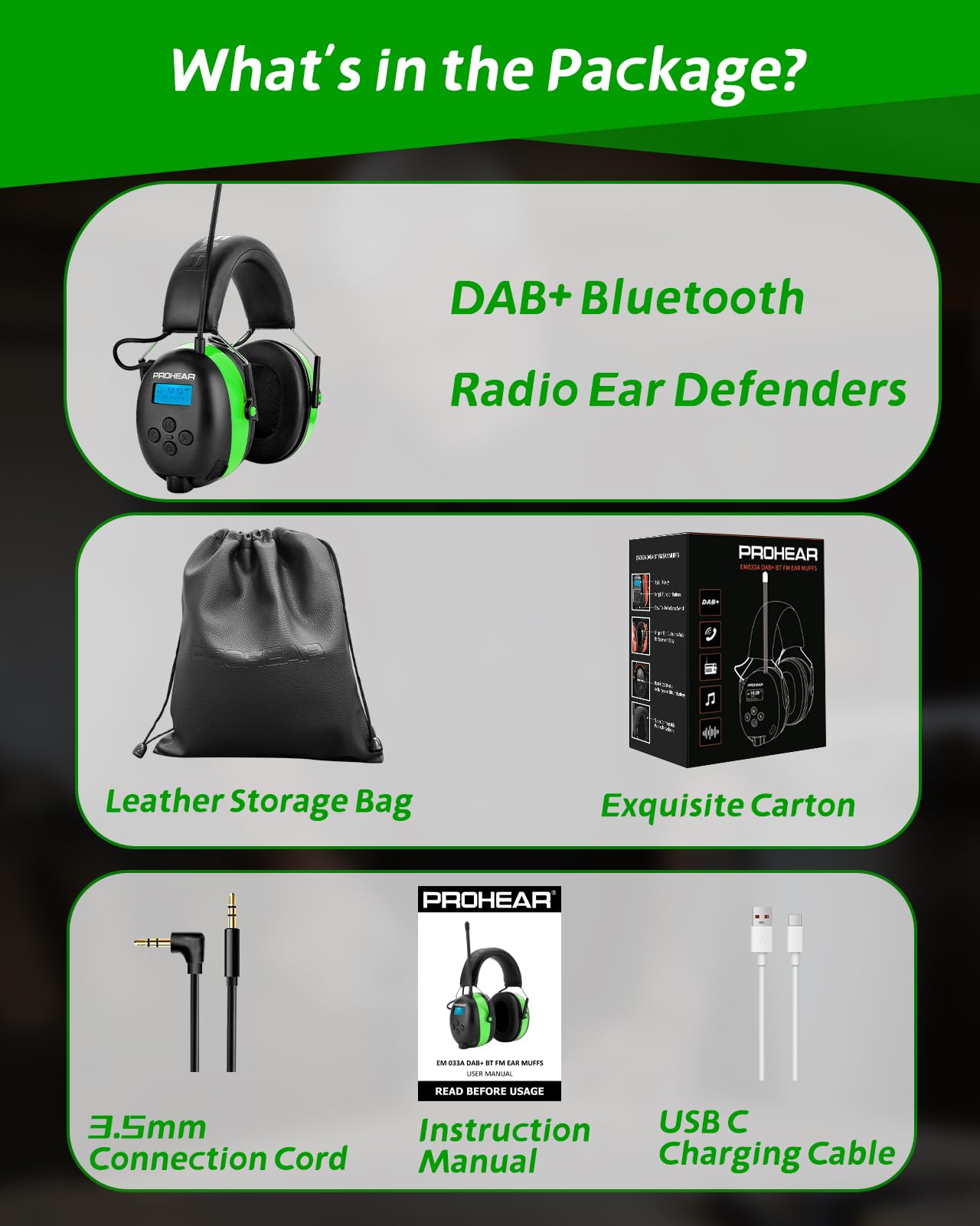 PROHEAR 033A (mejorado) Protección auditiva con radio DAB +/Bluetooth/FM, auriculares con radio con micrófono integrado y reducción de ruido, SNR 31dB con para cortar y taller, tala - verde