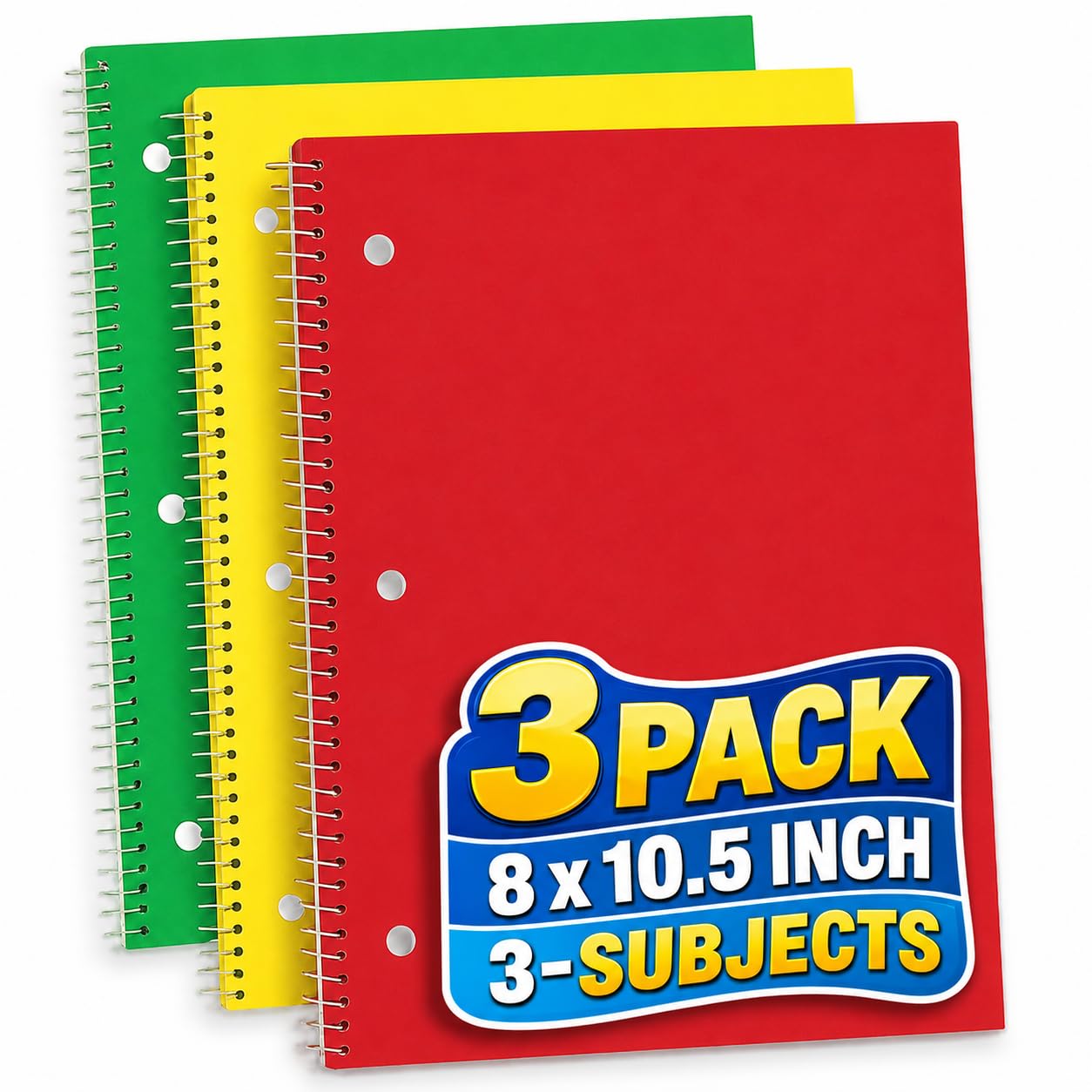 1InTheOffice 3 Subject Spiral Notebook, Wide Ruled Spiral Notebook, 8" x 10,5". 3-Hole Punched, 120 Sheets, Assorted Colors, 3 Pack