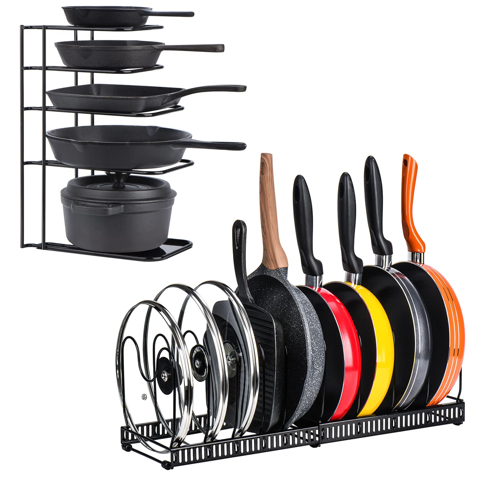 ToplifeAdjustable 10 Pans Organizer Rack 5 Tier Heavy Duty Organizer Rack for Cast Iron Skillets, Griddles and Pots